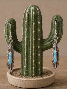 Earrings Handcrafted Native American Sterling Silver Feather Turquoise Dangle